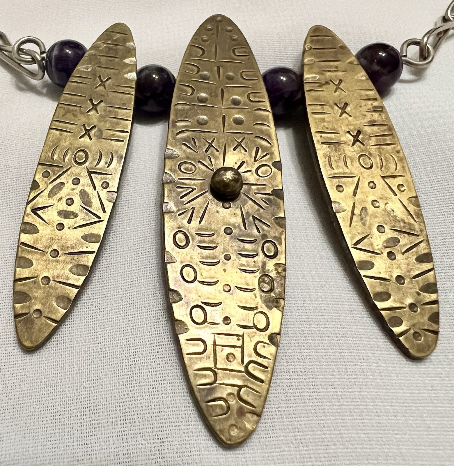 Abstract BRUTALIST Brass Metal AMETHYST BEAD PENDANT & Necklace Chain VINTAGE