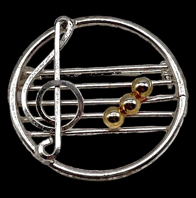 Vintage Two-Toned Sheet Music Pin Silver & Gold Toned Musical Notes Brooch 1.5”H