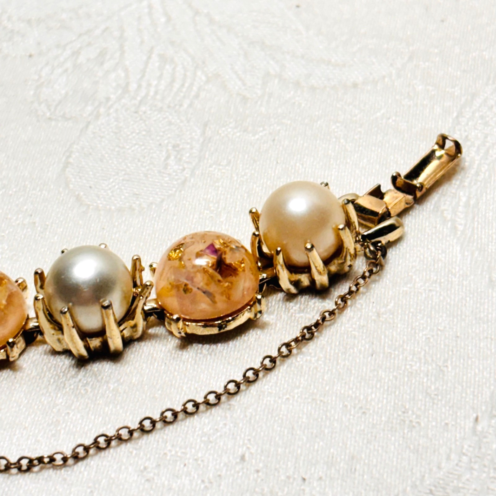 CORO pink confetti Lucite cabochon faux pearl bracelet fold over clasp vintage