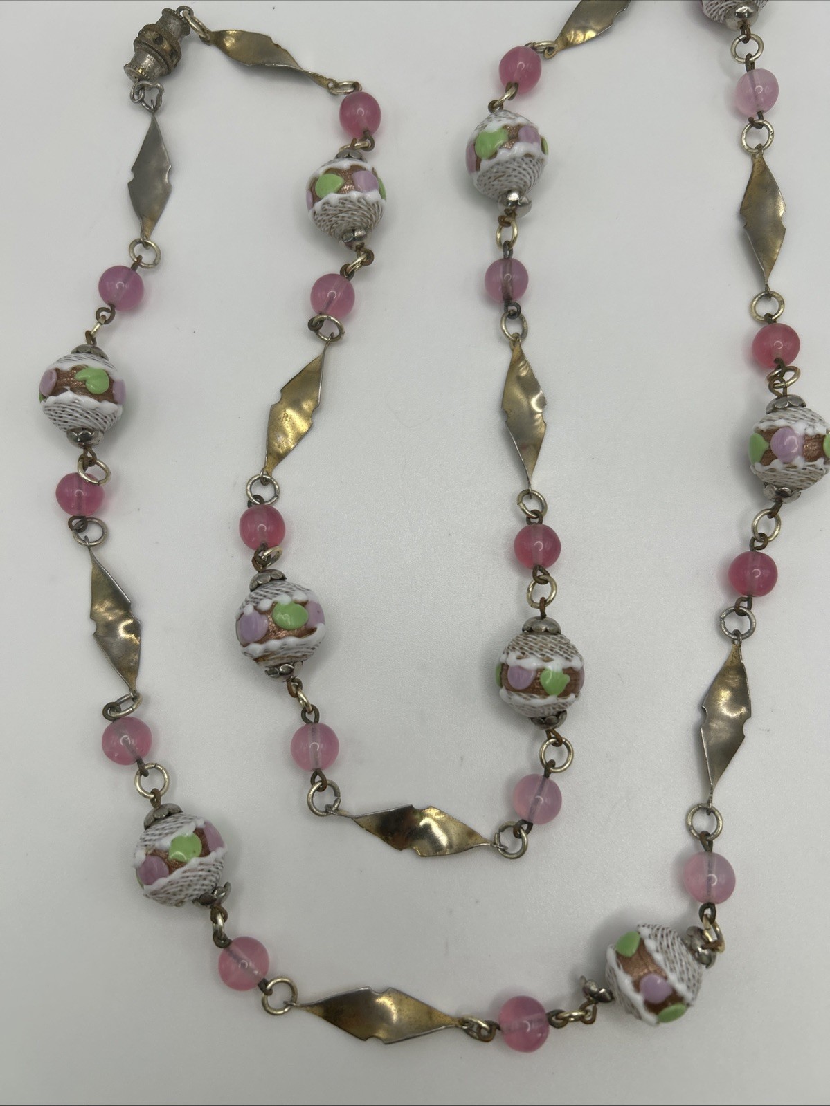 Venetian Italy Latticino Necklace Pink Green Purple White Gold Tone 1920’s VTG
