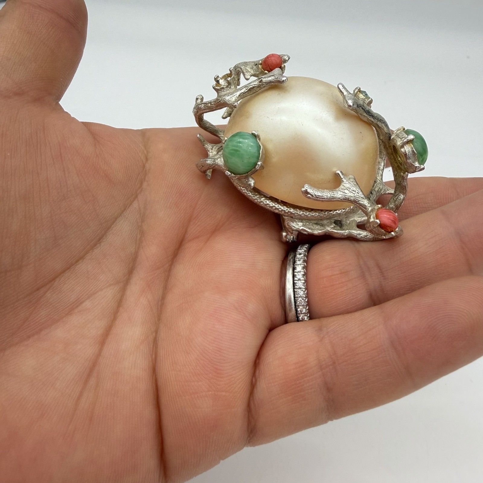 Vtg Huge Faux Pearl Pin Brooch Green Coral Cabochon Branches Rare Estate Read