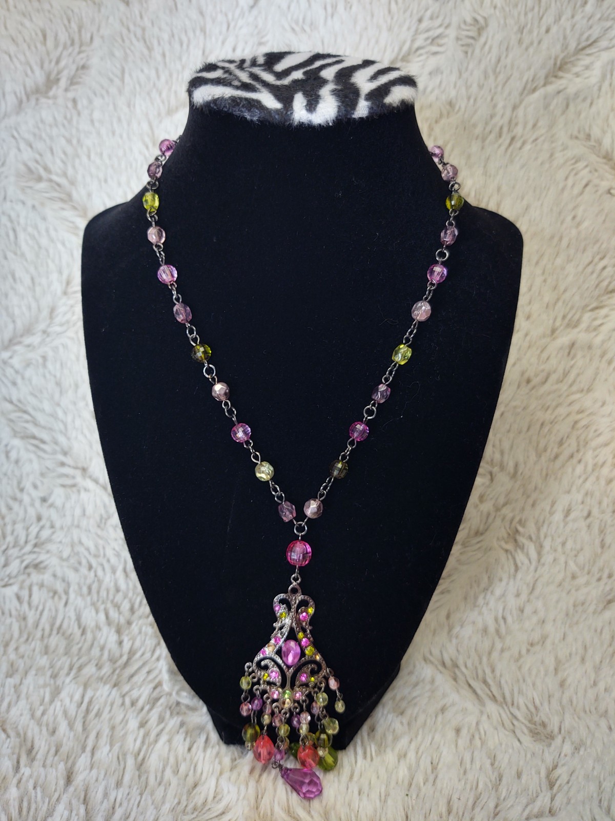 Boho Statement Necklace Pink Green Beaded Chandelier Pendant Vintage Style