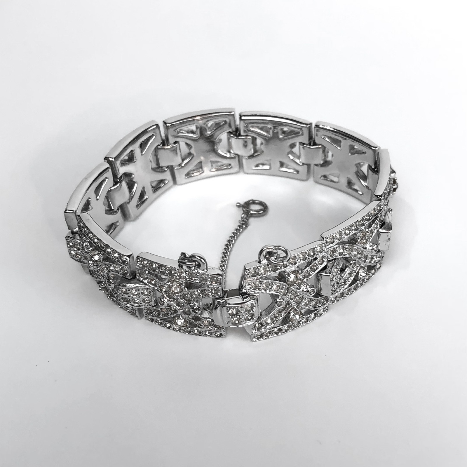 Vintage Art Deco Rhinestone Bracelet Geometric Panels Safety Chain Clasp