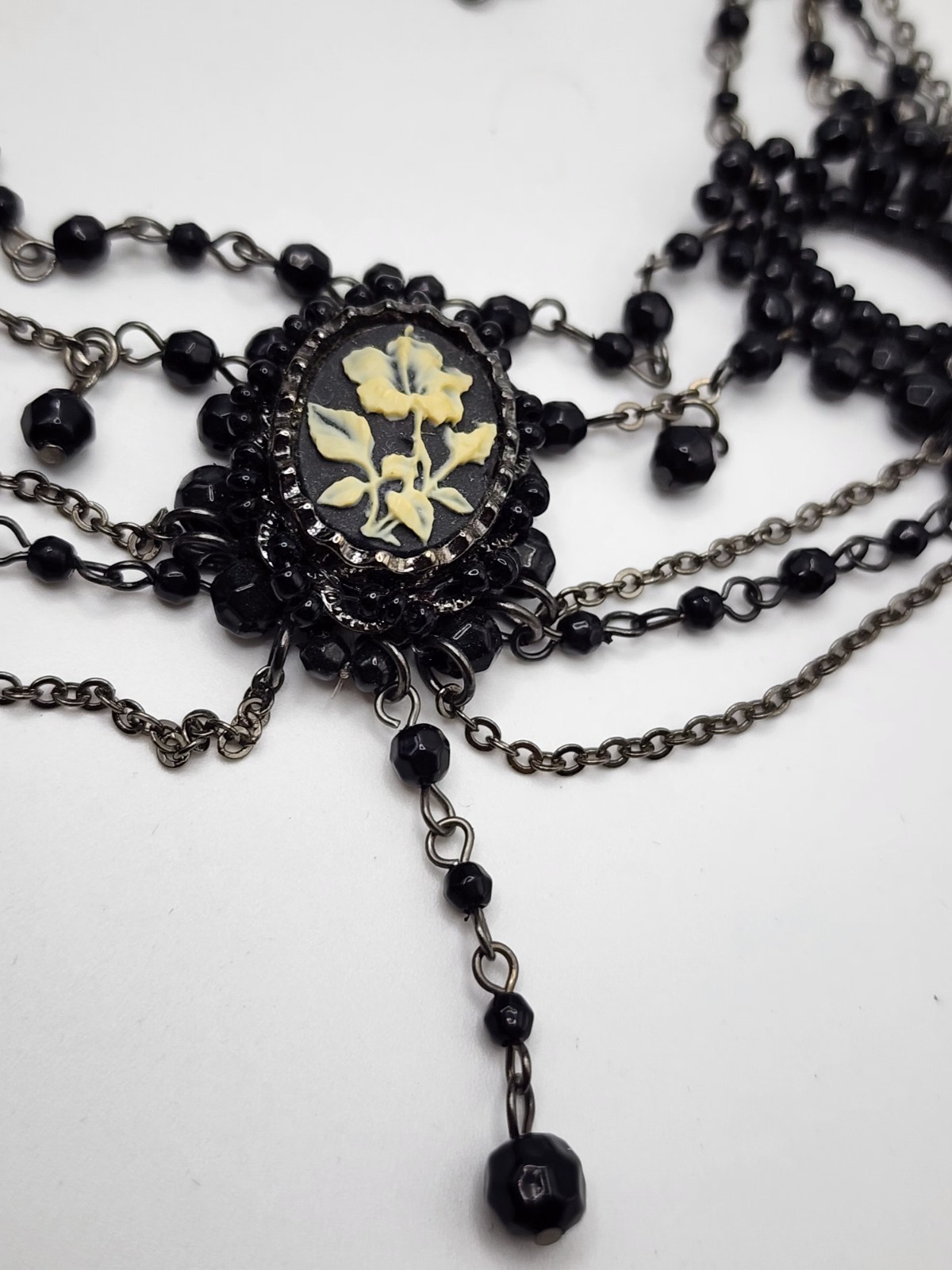 Vintage Victorian Gothic Black Beaded Choker Statement Necklace Cameo Bib Collar