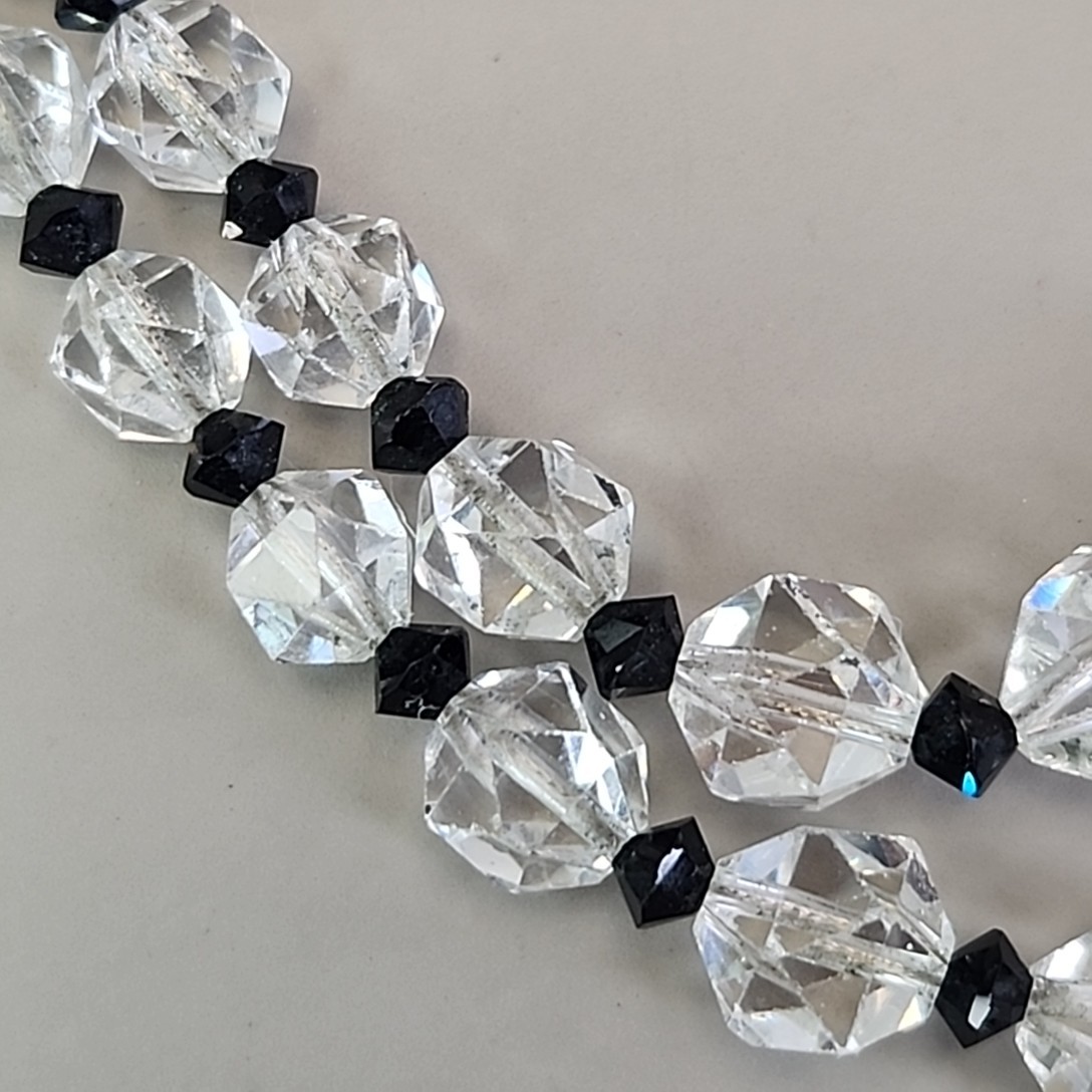 Vintage Glass Beaded Necklace Clear Round Black Bicone Accents 14.75″