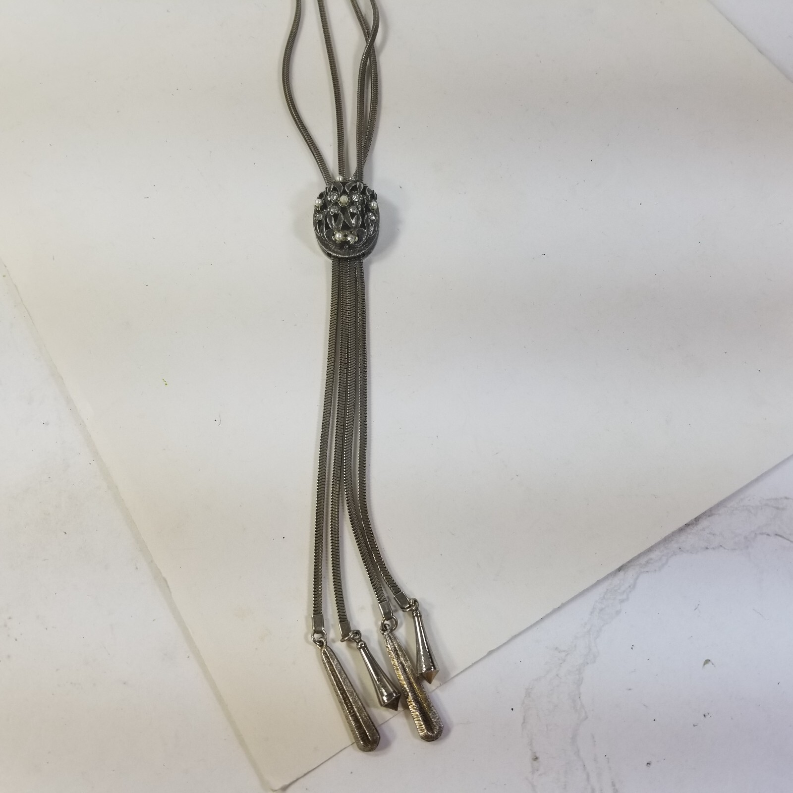 Vintage Silver Tone Rhinestone Oval Slide Pendant Necklace Lariat Bolo