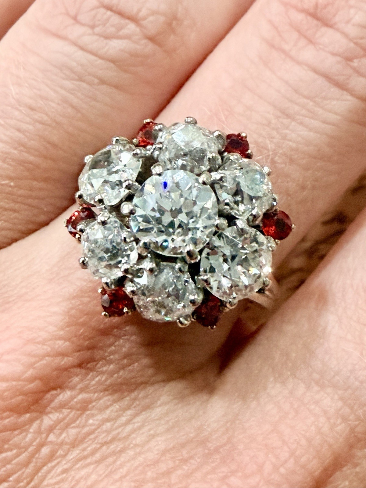 Rare Edwardian 4.43ct Old European Mine Cut Diamond Orange Sapphire Cluster Ring