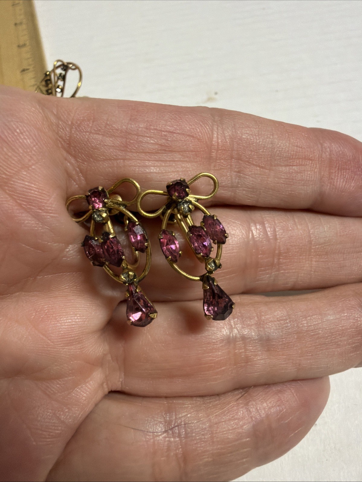 Vintage 12kGP Wire & Cut Glass Brooch & Clip on Earring Set W Chain J16