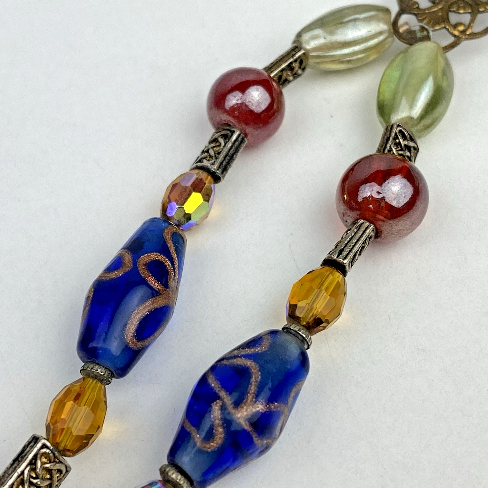 VTG Iridescent AB Carnival Glass Necklace Art Beaded Red Gold Filigree Blue EUC