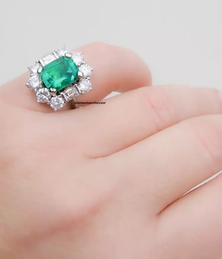 Elegant Vivid Green 3.33CT Colombian Emerald With 2.60CT White CZ Halo Fine Ring