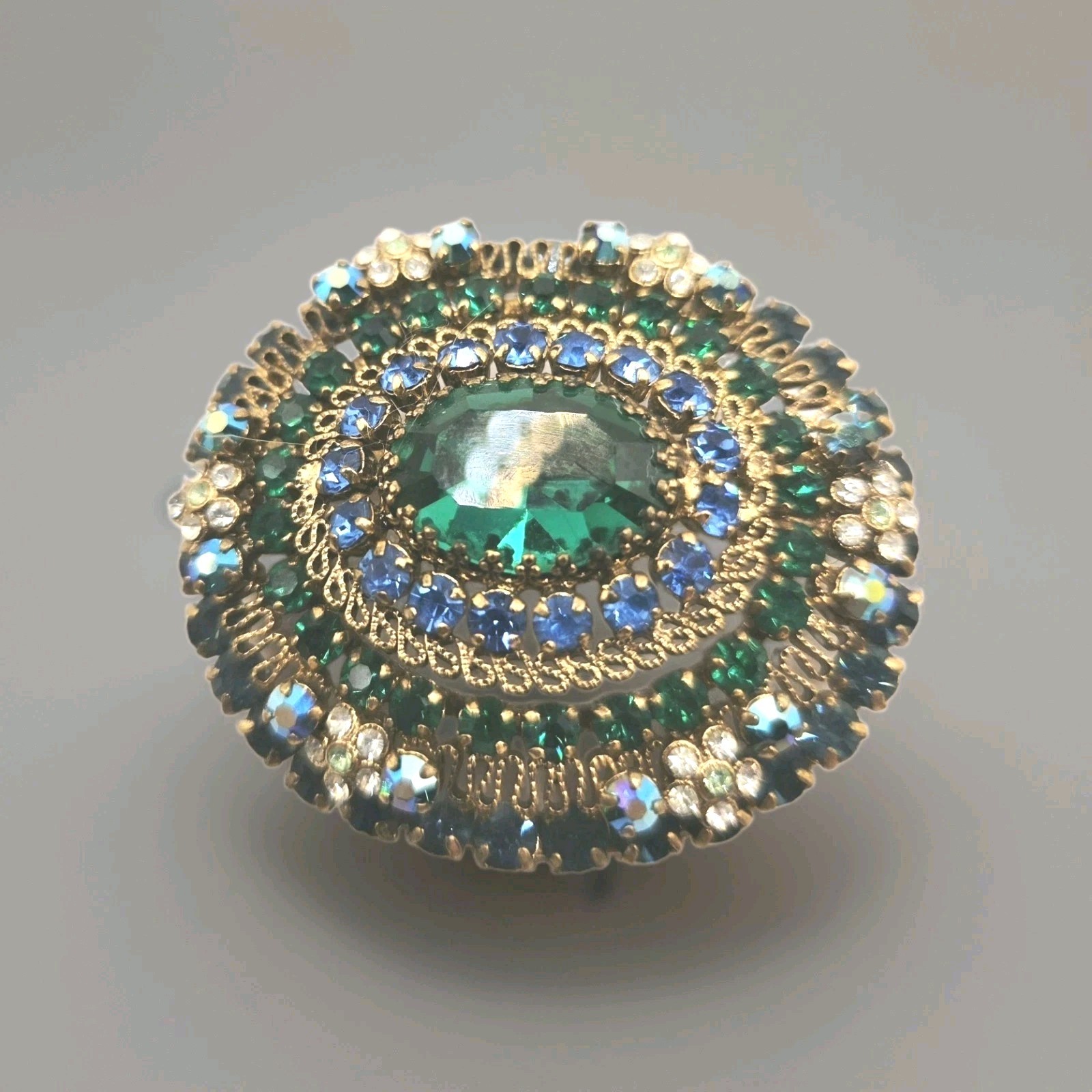 Vintage Brooch Austrian Blue Green Multi Colored Rhinestone Oval Stunning 0318