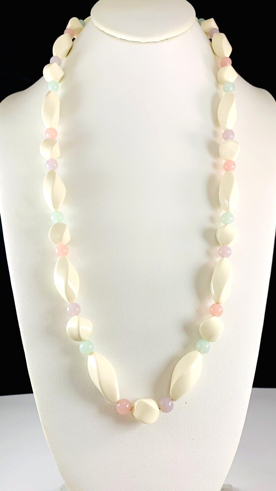 Vintage Twisted Off White & Pastel Pink Green Purple Beaded Necklace 28″
