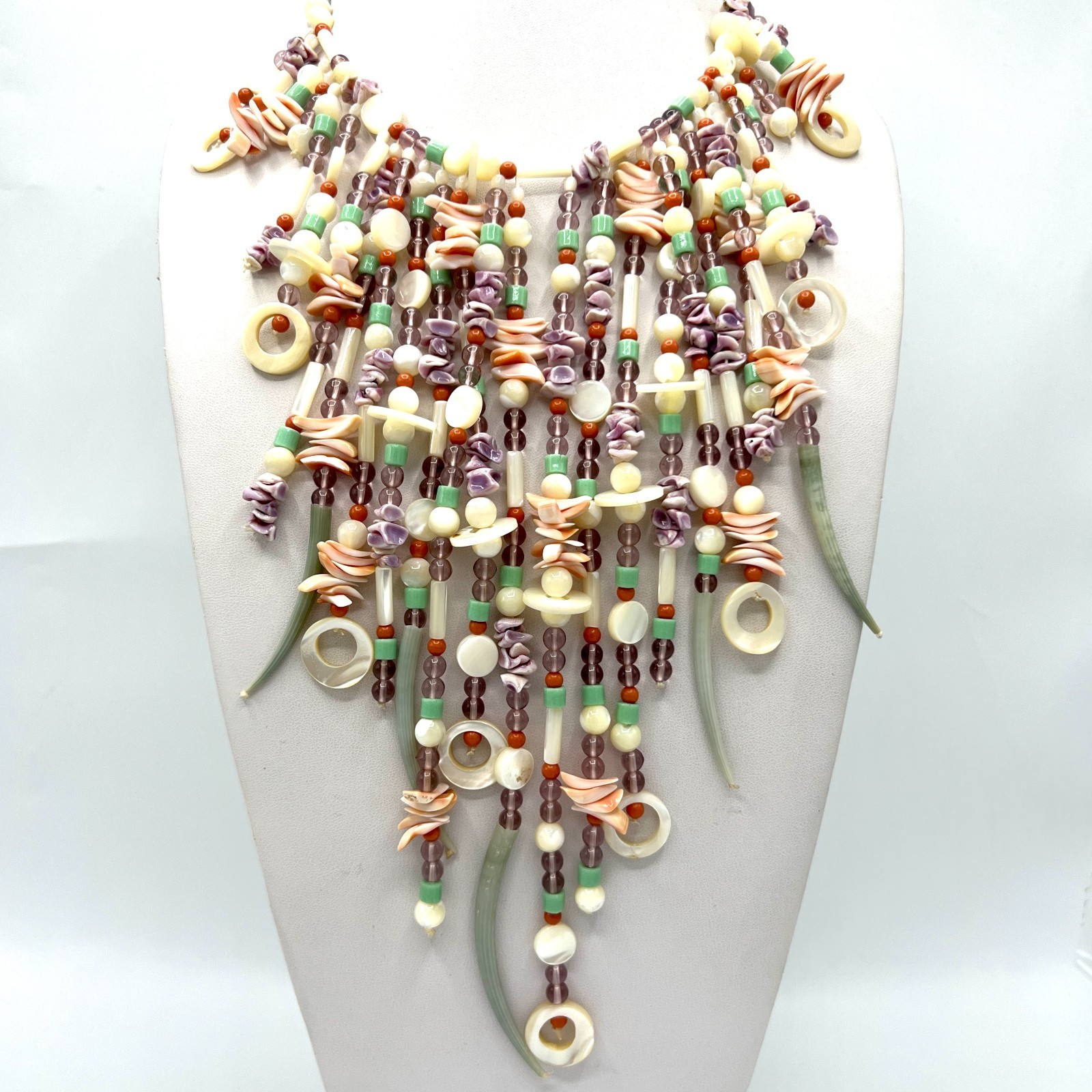 Vtg Runway Bib Necklace Mother of Pearl Amethyst Mineral Beaded Fringe Statement