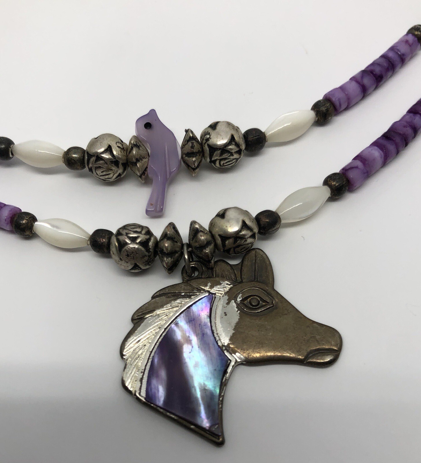 Equestrian Horse Necklace Purple Pony Pendant Silver Roses Beaded Bird 16”