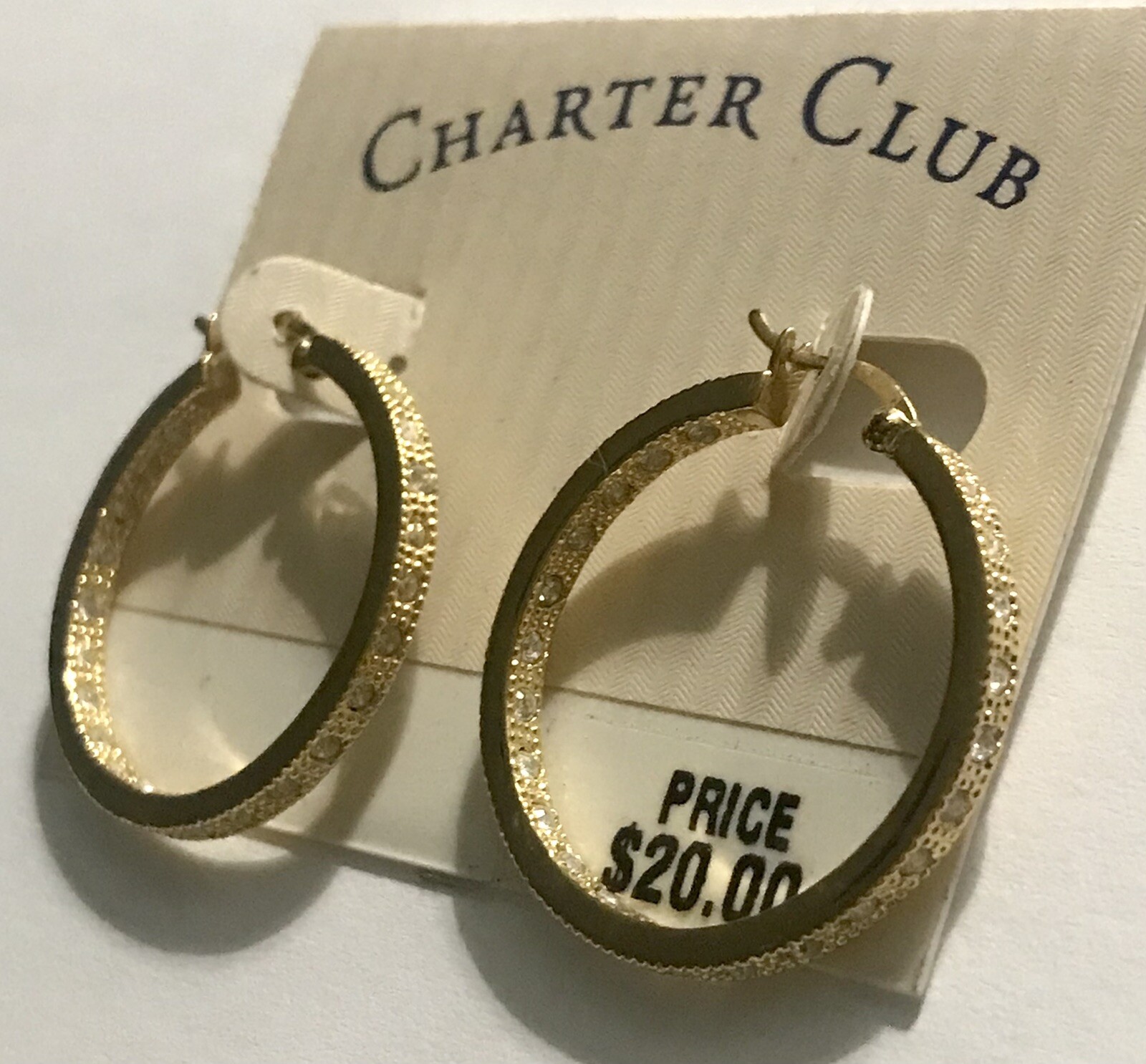 1-1/4” HOOP Earrings NOC Gold & rhinestone pierced Charter Club Retail $20