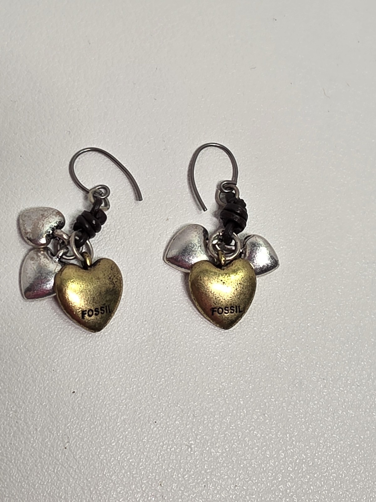 Vintage “Fossil” Two Tone Heart Dangle Pierced Earrings, about 1 inch dangle