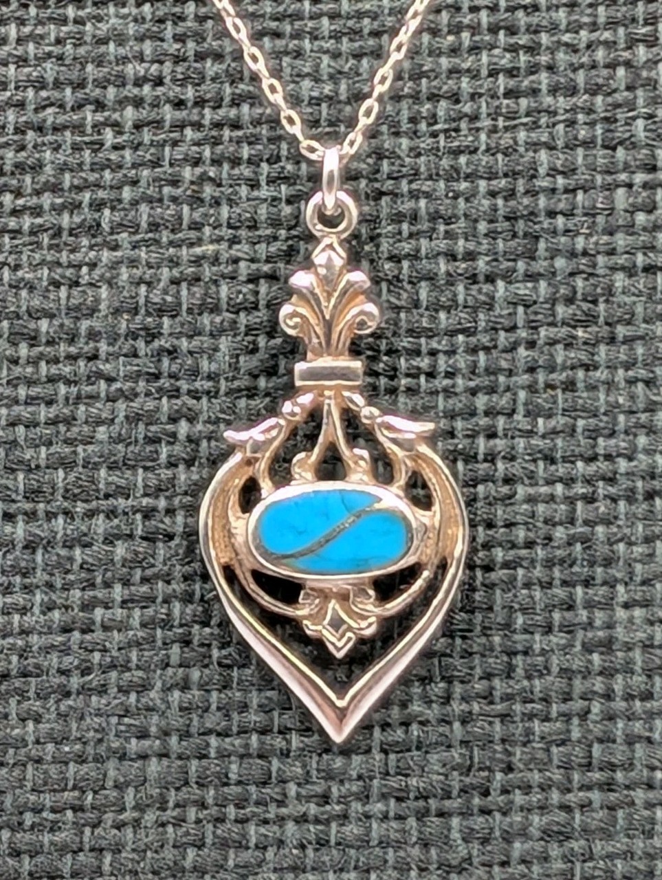 Vtg Sterling Silver Inlay Oval Turquoise Openwork Pendant 19″ Cable 925 Necklace