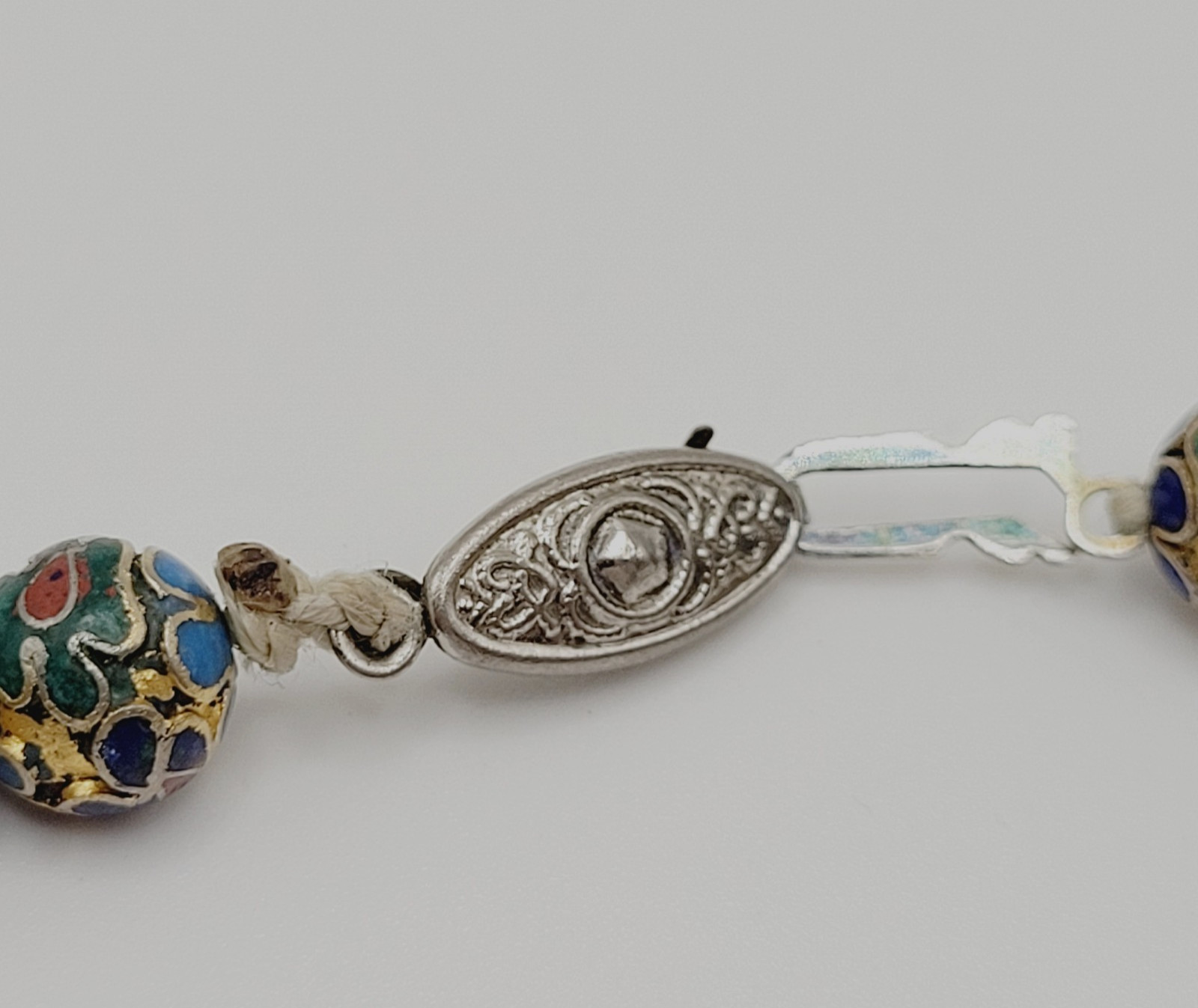 Chinese Cloisonné Floral Bead Hand Knot Circa 1930s Beaded Necklace 23 Inch