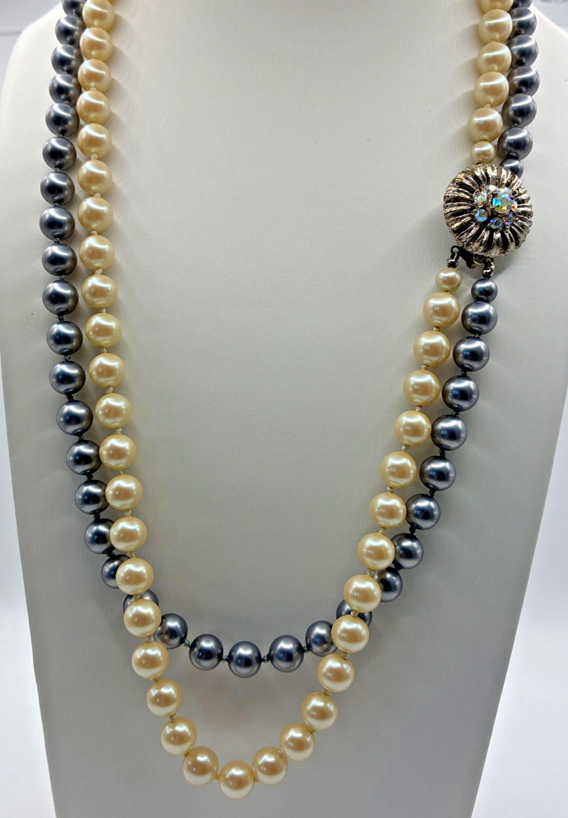 Vintage Double Strand Faux Pearl Necklace Hand Knotted Rhinestone Clasp Wedding
