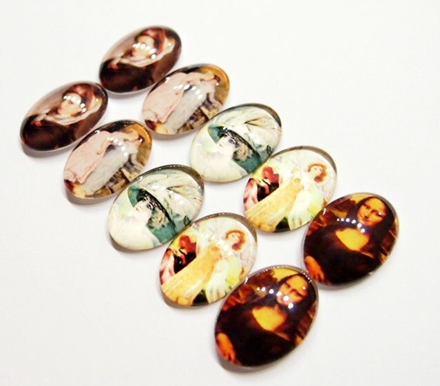 10 of 25x18mm Glass Victorian Art Deco Women Cameos, 5 Different Scenes, Nice