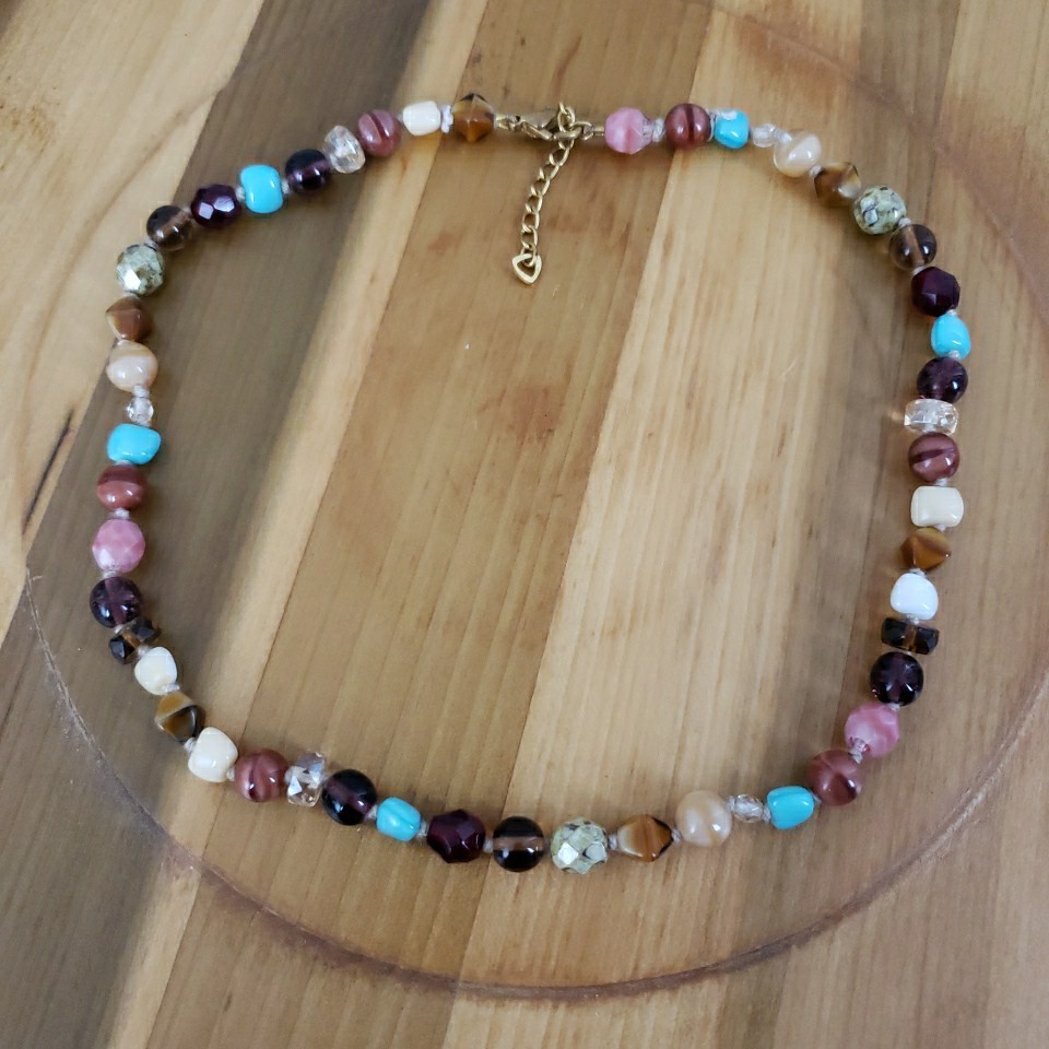 VTG Multi Polished Gemstone Necklace 16.5″ Knotted Faceted Glass Agate