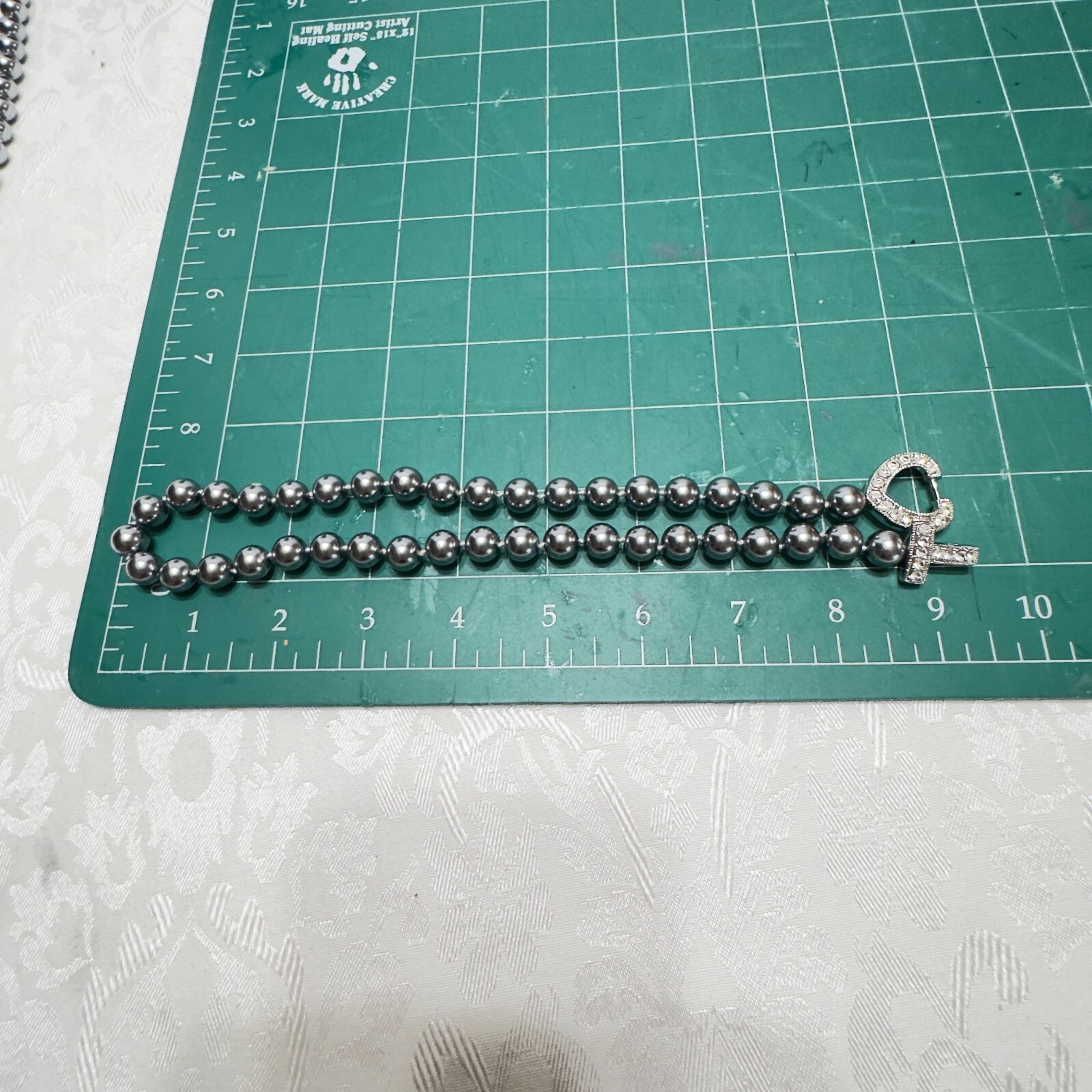 Faux Grey Gray Pearl Necklace And Bracelet Set Heart Lock Clasp Rhinestones