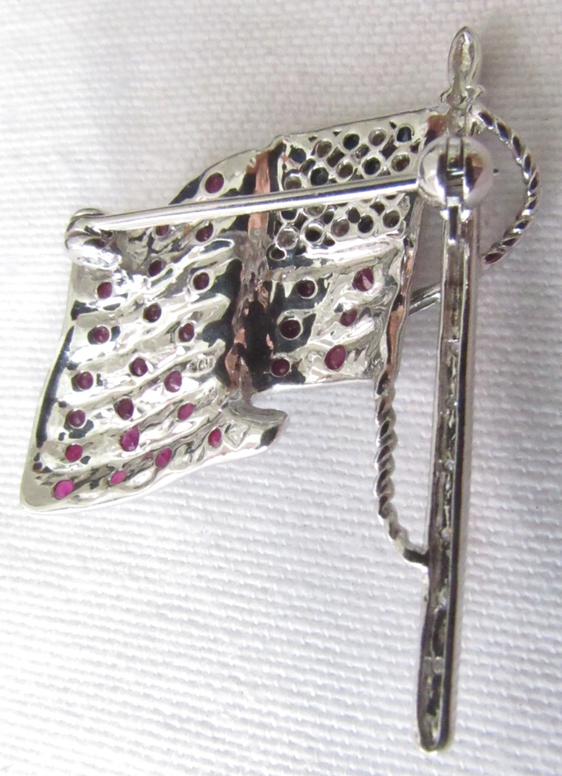 14K White Gold American Flag Pin Brooch Rubies Sapphires Diamonds Patriot