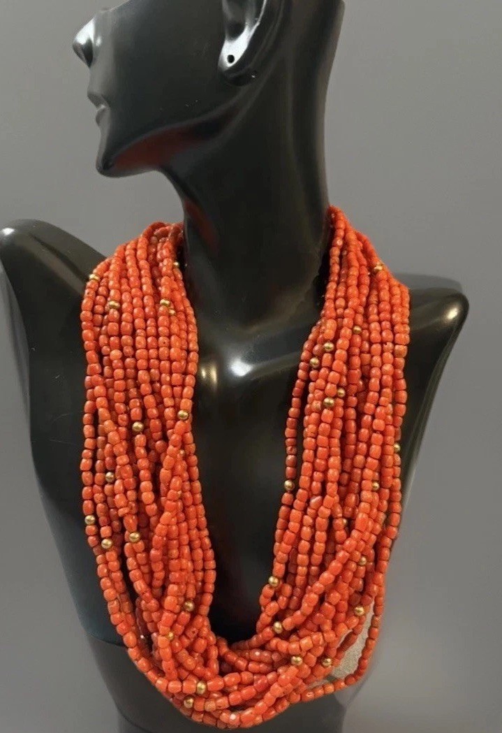 Vintage 18k Gold Multi Strand Coral Necklace Statement Chunky European 17”