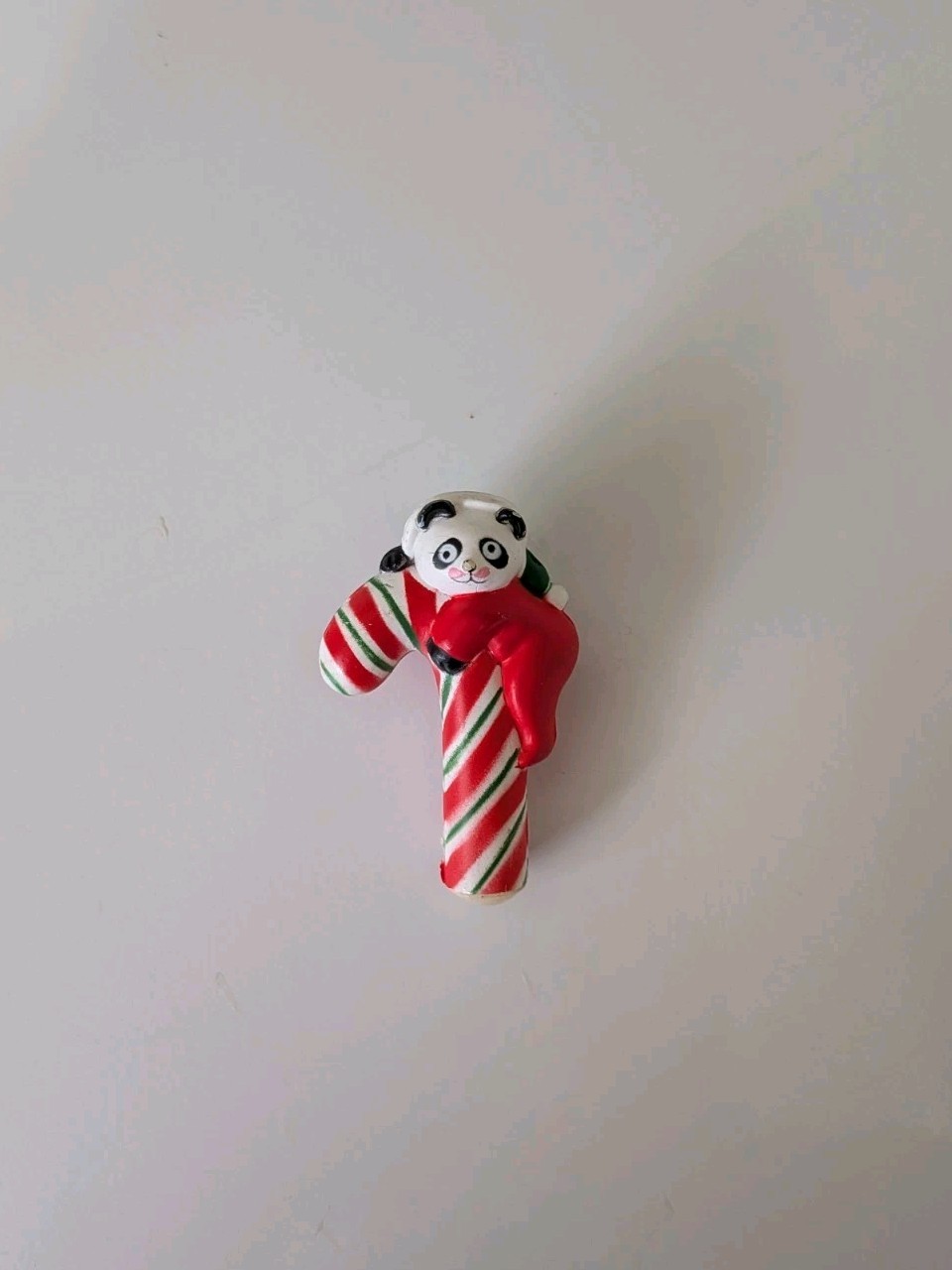 Vintage Fun World Panda On Candy Cane Pin Brooch Frosty Plastic Christmas 2”