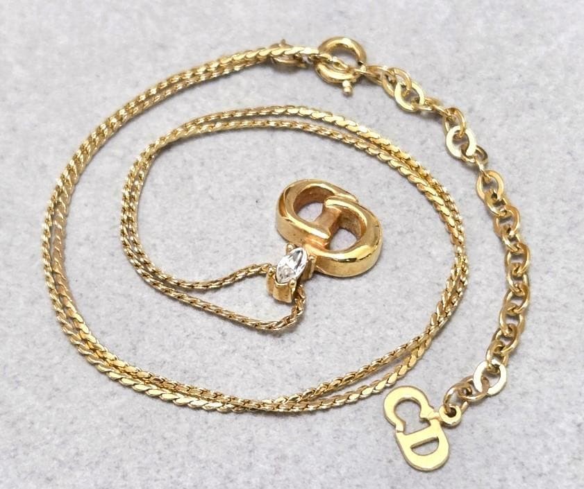Christian Dior CD Logo Rhinestone Gold Necklace 45cm Vintage