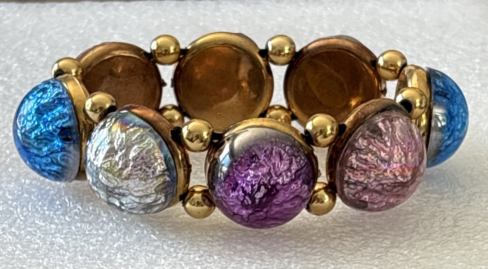 Vintage Plastic Foil Cabochon Stretch Bracelet Costume Jewelry Faux Gems NOS
