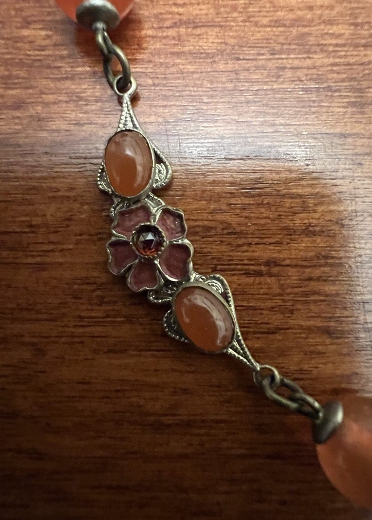 Vintage CZECH Faux Carnelian Glass Enamel Floral Station Pendant Necklace Signed