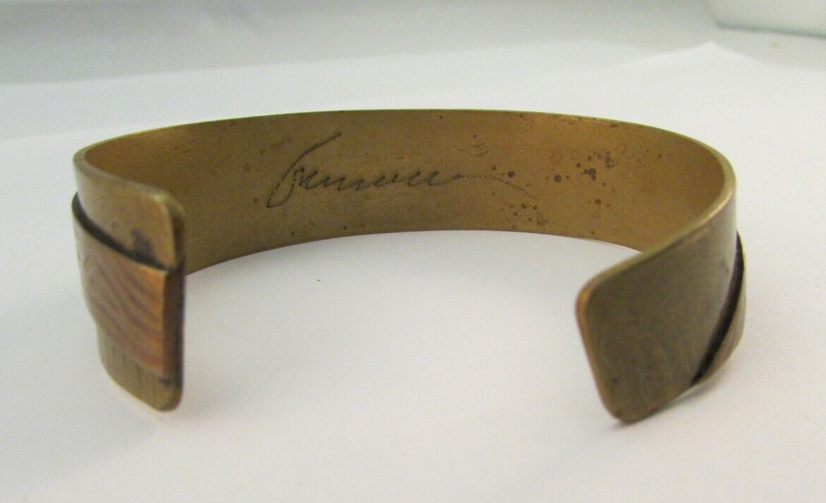 Vintage Signed Mixed Metals Hammered Textured Cuff Bracelet Copper Brass Silver