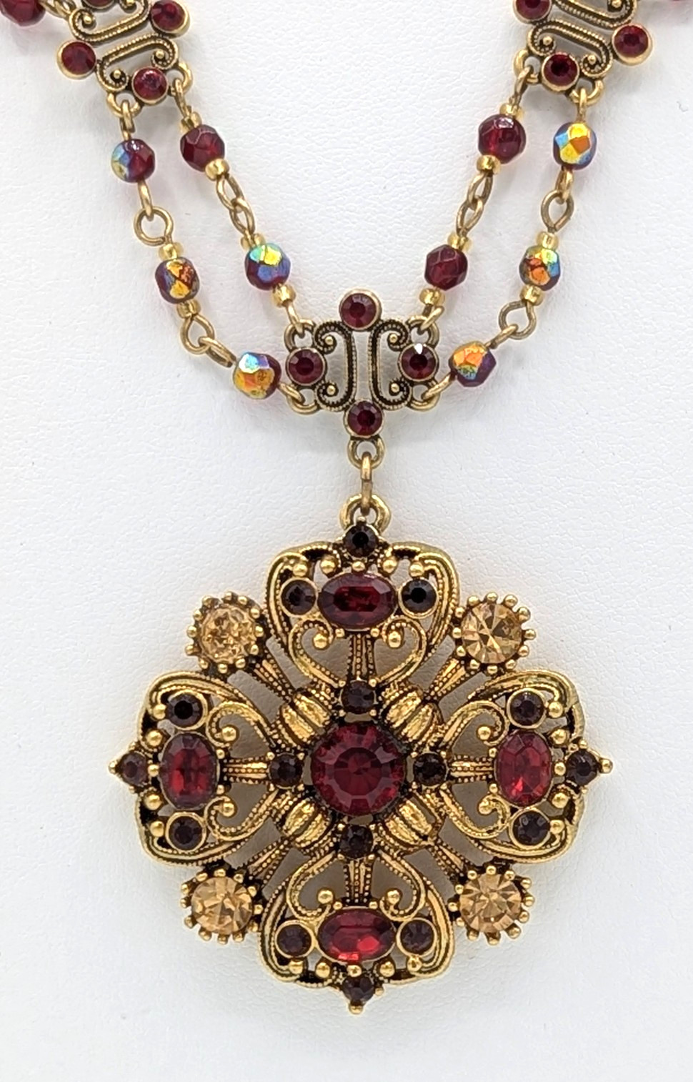 Vintage Avon Red Festoon Pendant Necklace Victorian Revival Maltese Cross