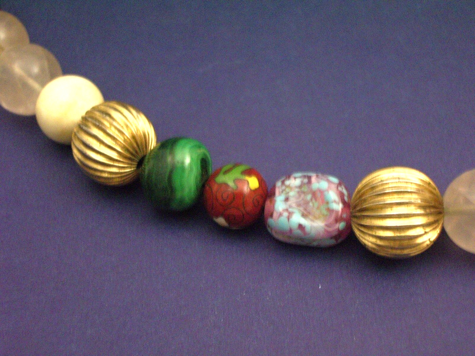 Venetian unique beaded necklace enamel malachite rose quartz stunning Estate