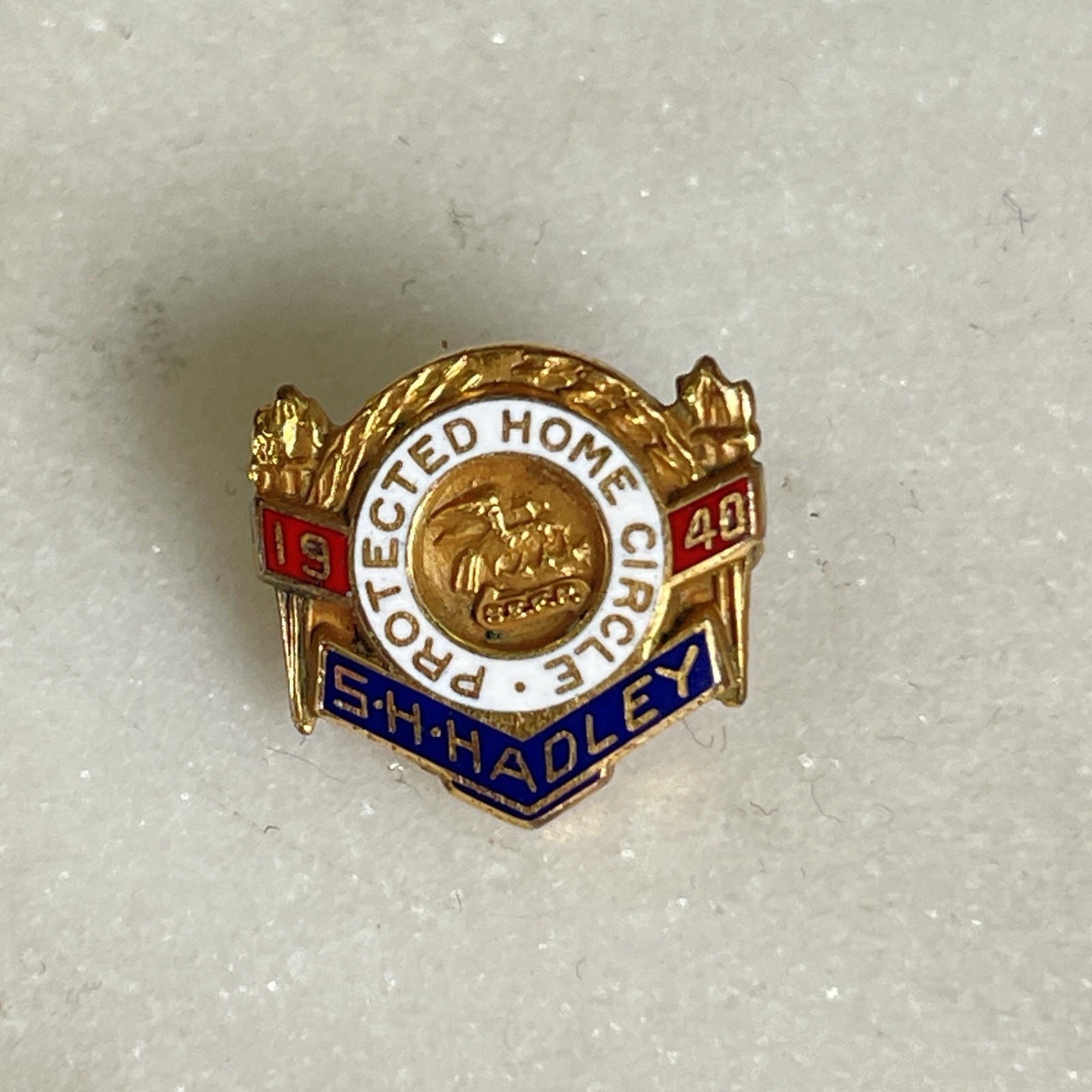 VTG 40’s Protected Home Circle S. H. Hadley Mini Gold Plated Enamel Pin Brooch