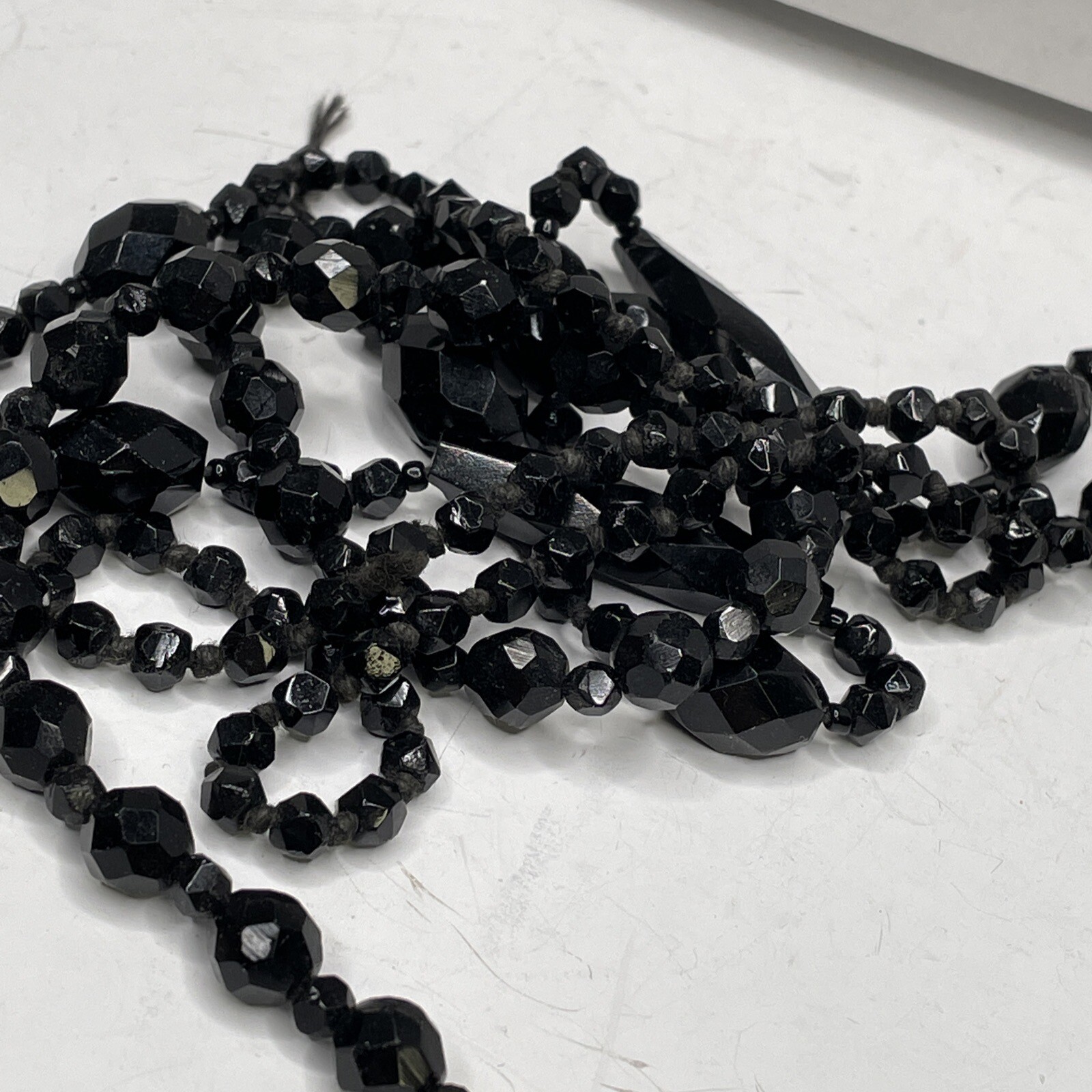 VTG Flapper Glass Necklace Black Round Bicone Faceted Beads Hand Knot 28″ REPAIR