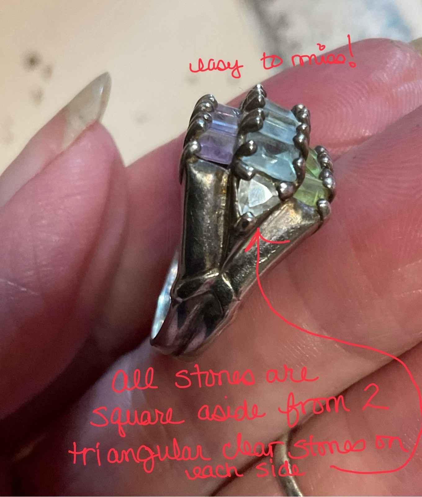 Vintage Multicolor 14 Stones Sterling Silver Ring Size 6.5 Green Purple Blue 925