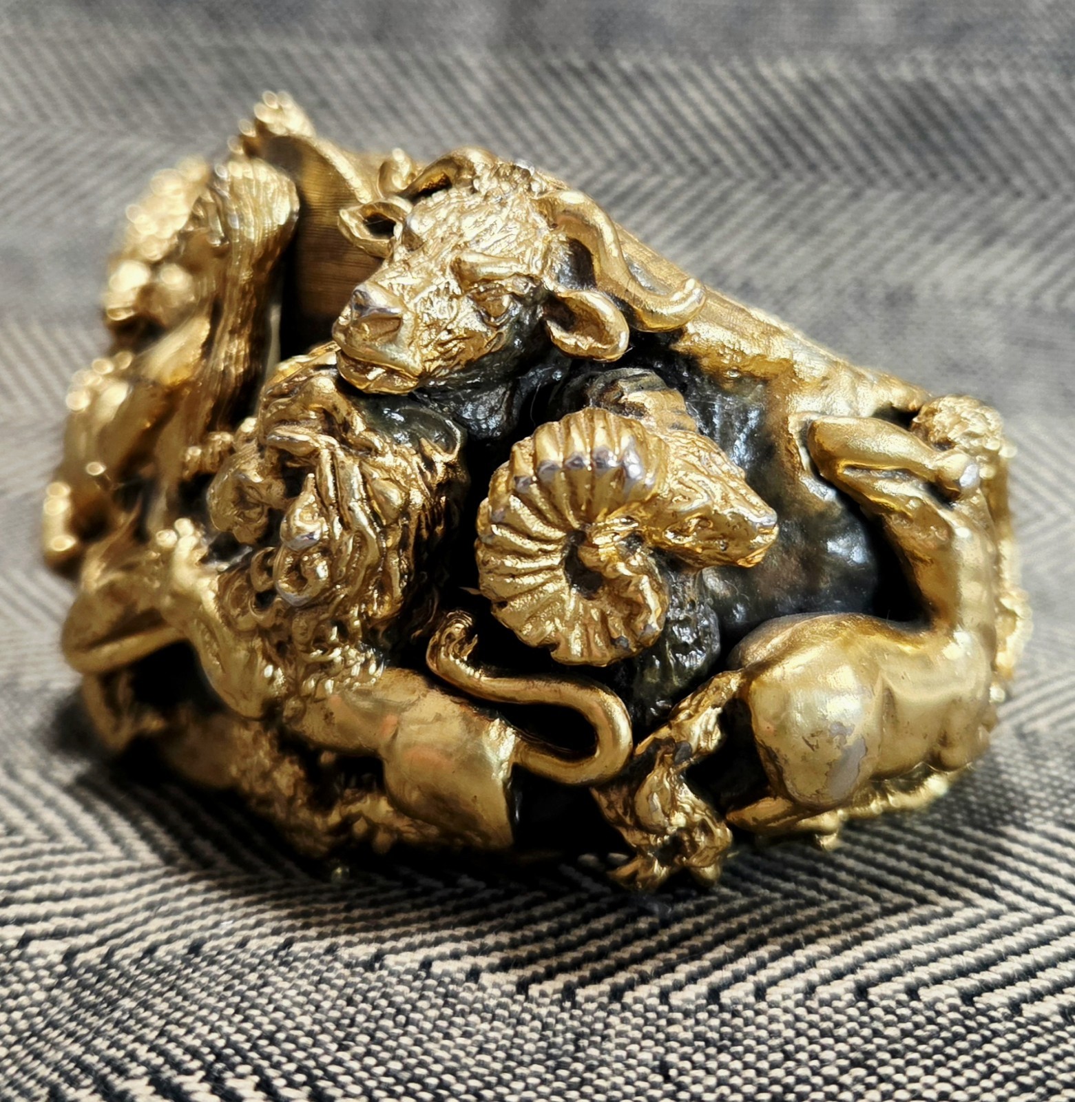 Tortolani Zodiac Clamper Cuff Bracelet Brutalist Sculptural 60s Signed Costume