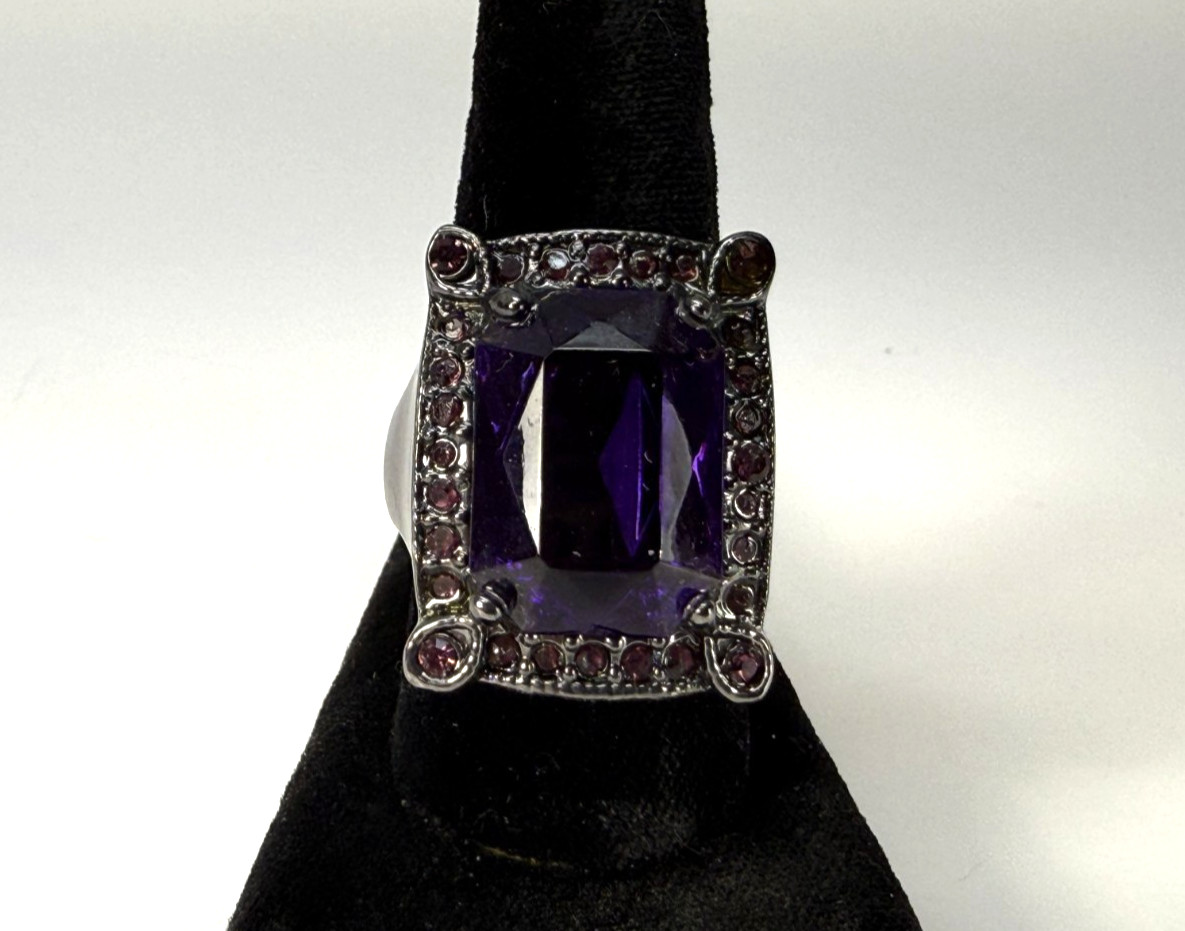 Vintage Faceted Purple Pink Rhinestone Gunmetal Large Ring Size 8