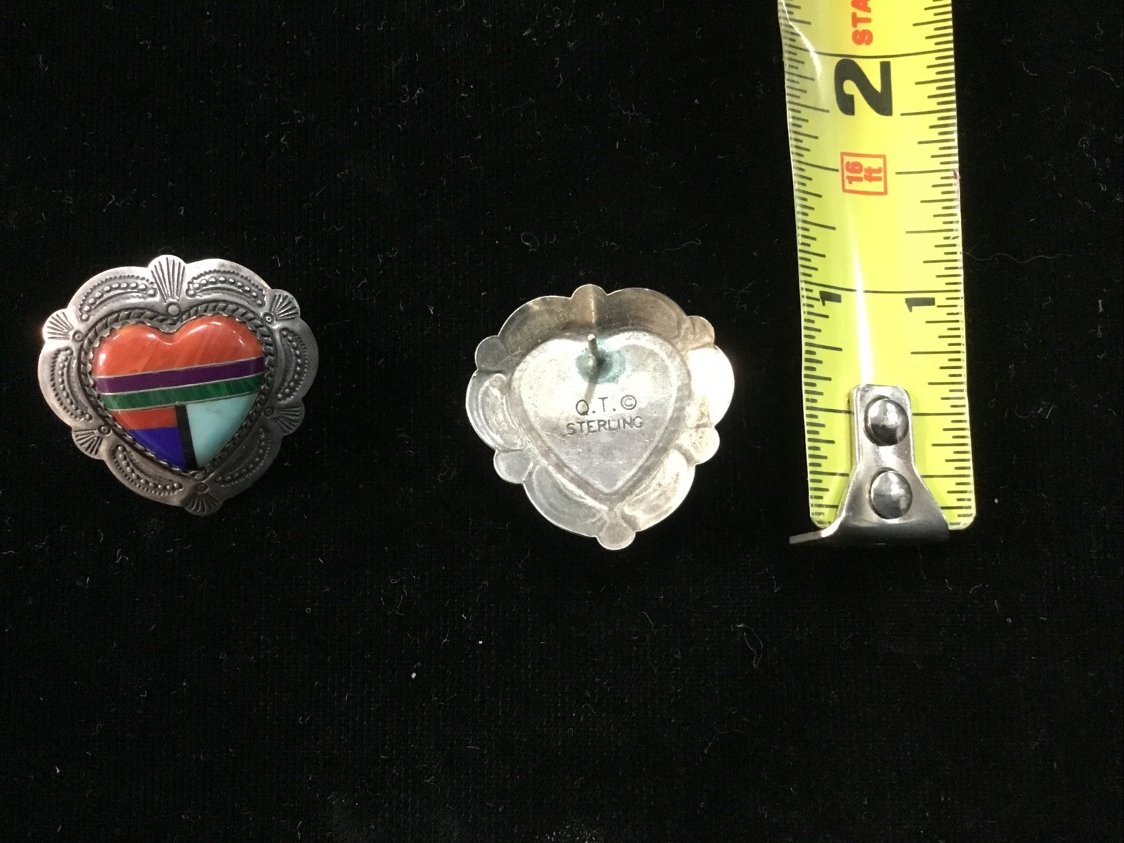 Q. T. Multi Gemstone and Sterling Silver Signed Heart Stud Earrings Southwestern