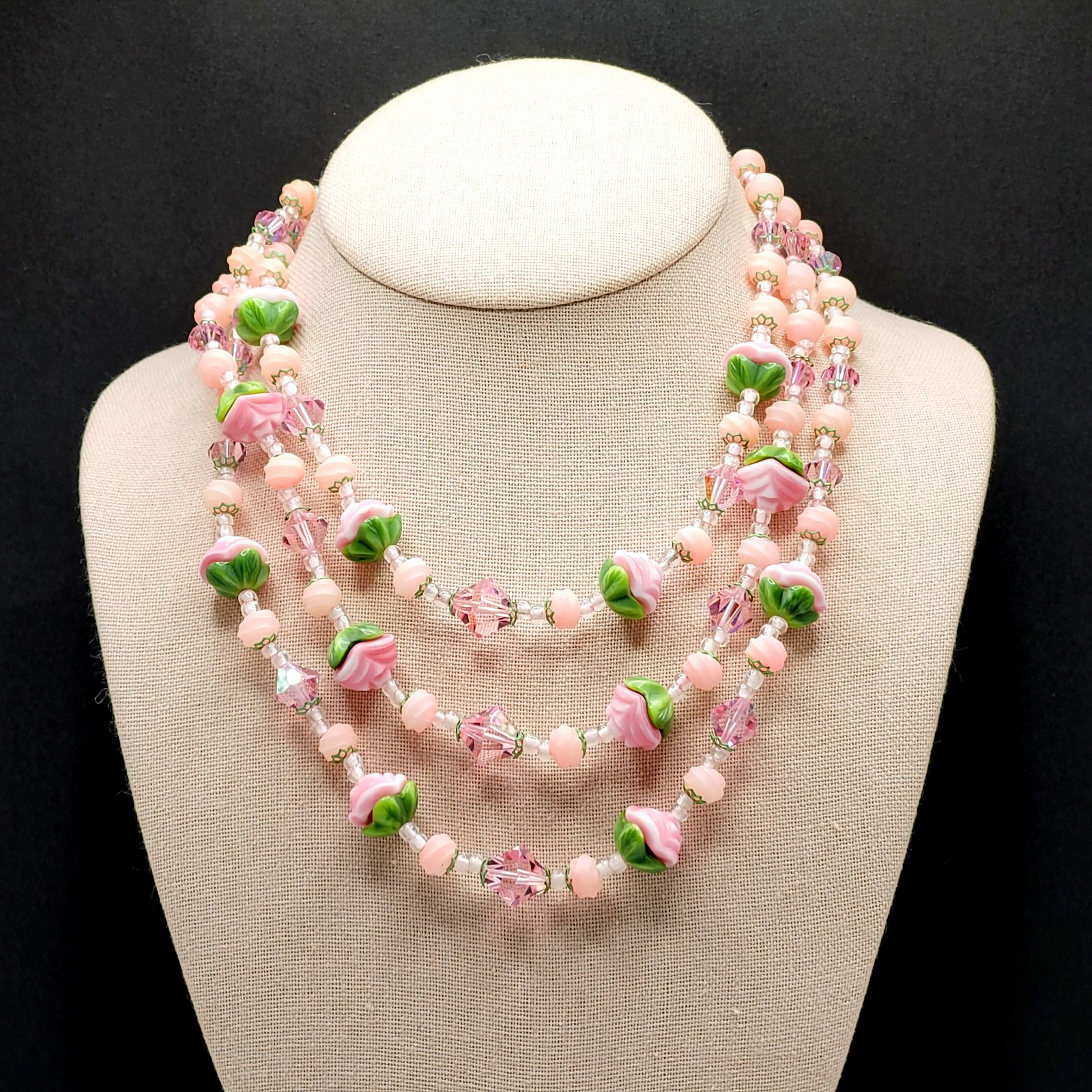 Triple Strand Glass Pink Rosette Green Bottom Rosebuds Bicone Crystal Necklace