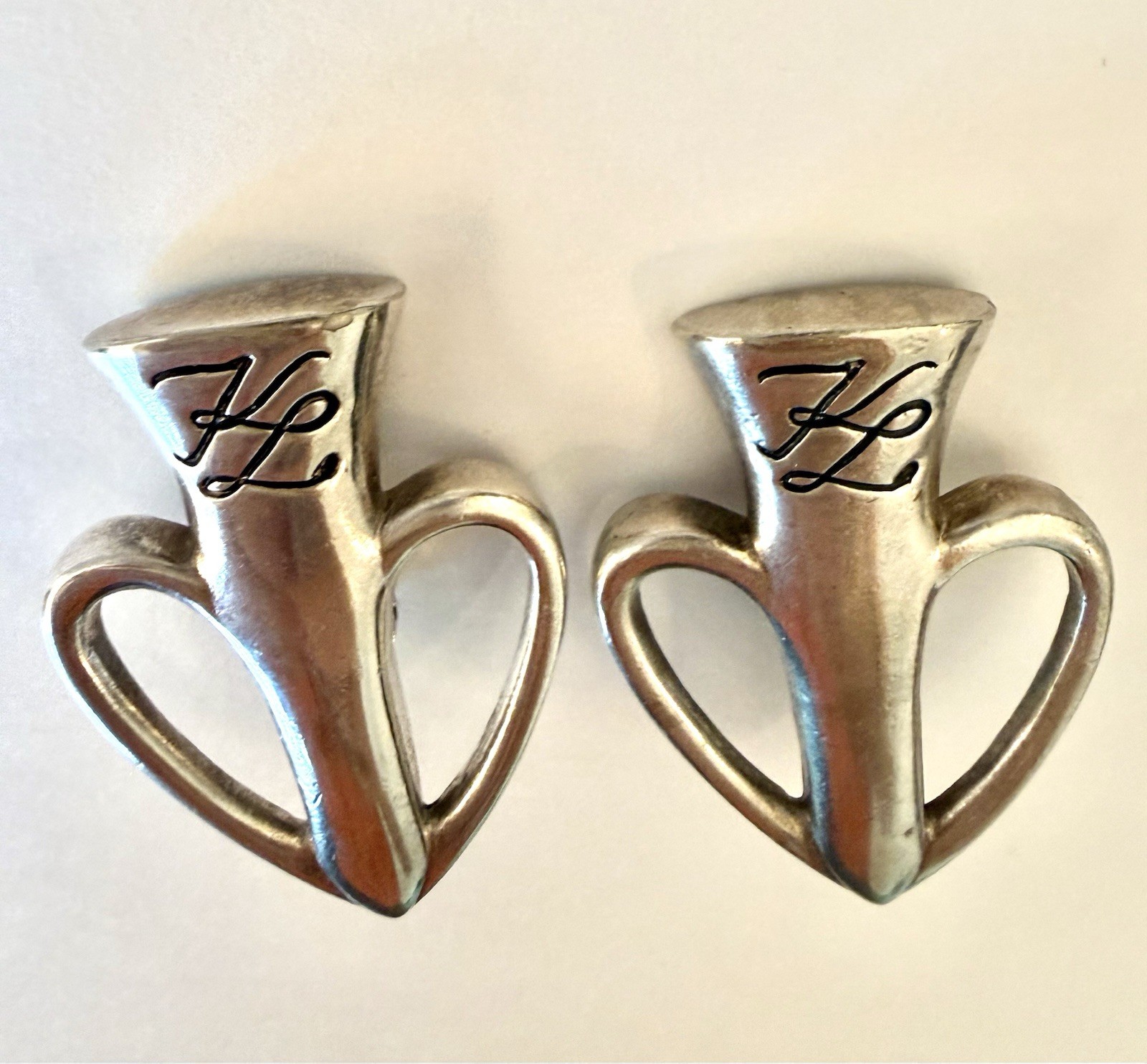 Vintage Karl Lagerfeld Logo Chunky Sivertone Clip On Statement Earrings