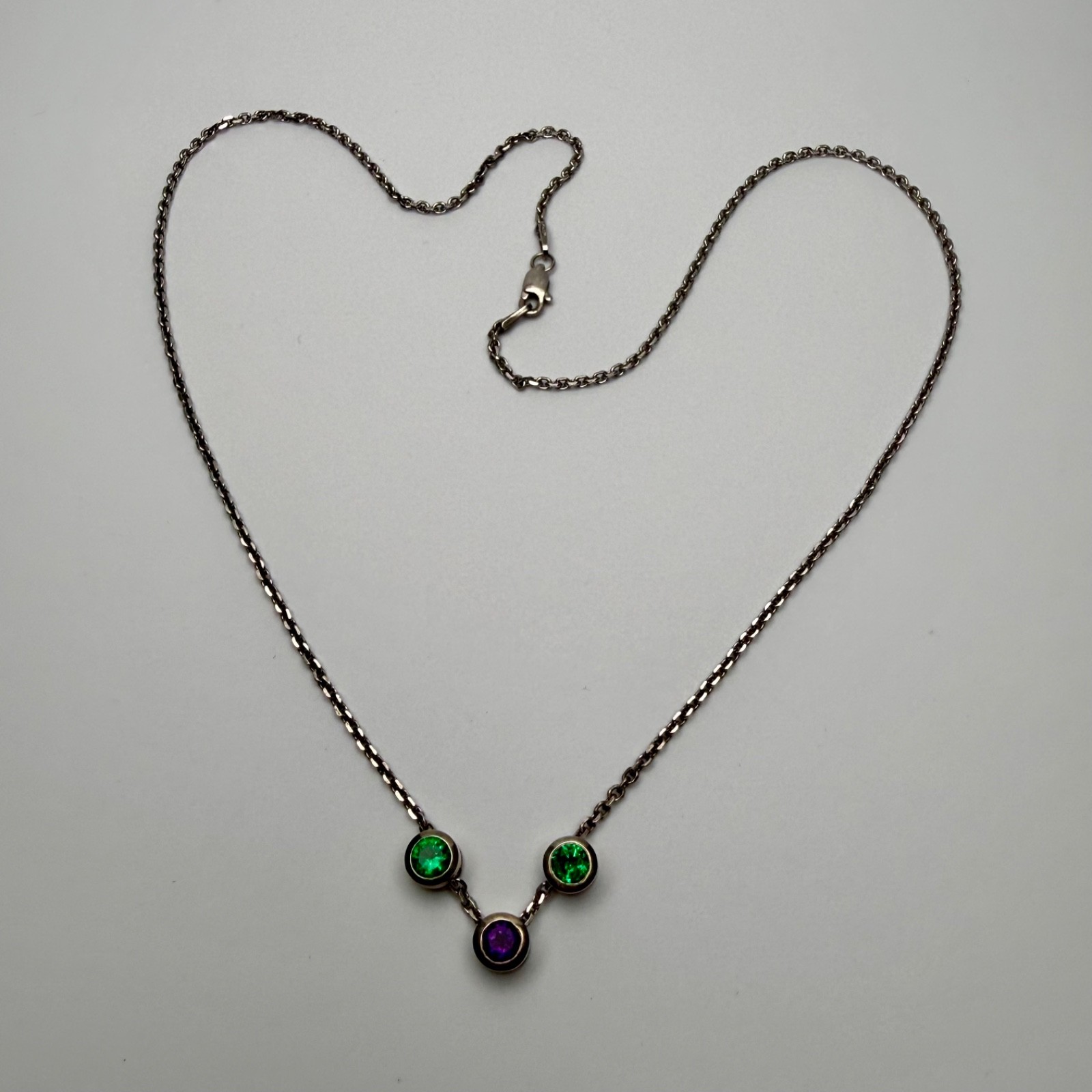 Vintage Sterling Silver 3 Stone Sliding Bezel Station Necklace Green & Purple CZ