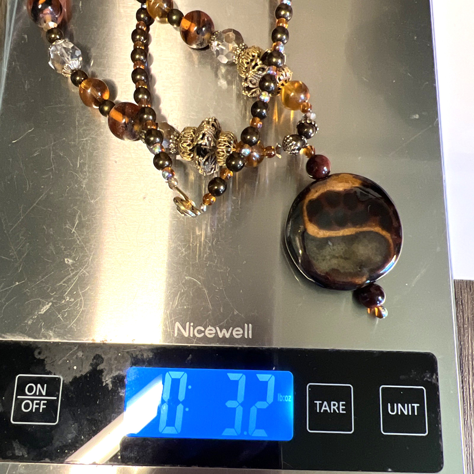VTG Statement Fire Agate Carnelisn Glass Bead Pendent Necklace 26″ Earth Tones