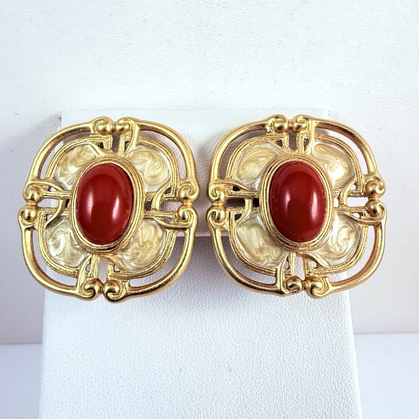 Vintage MONET Red Cabochon Enameled Matte Gold Tone Clip on Earrings