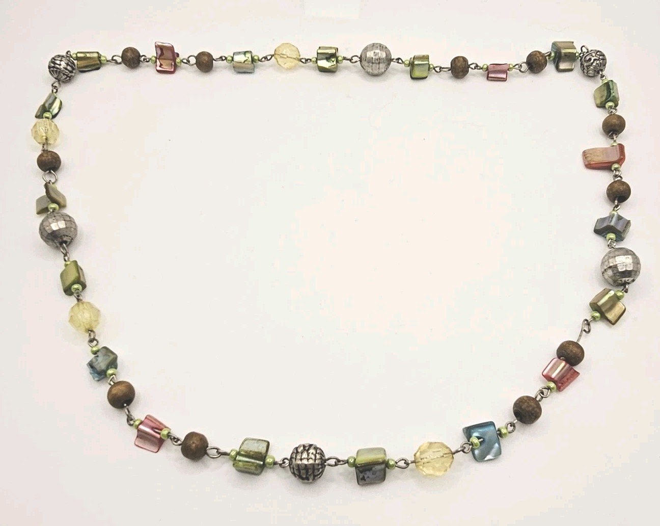 Vintage Multicolor Dyed Shell And Silver Tone Beaded Necklace 25″