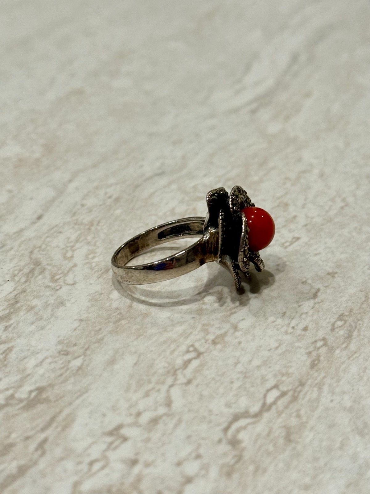 VTG Flower Ring Size 8 Sterling Silver Rose Red Coral Marcasite Gem Cocktail