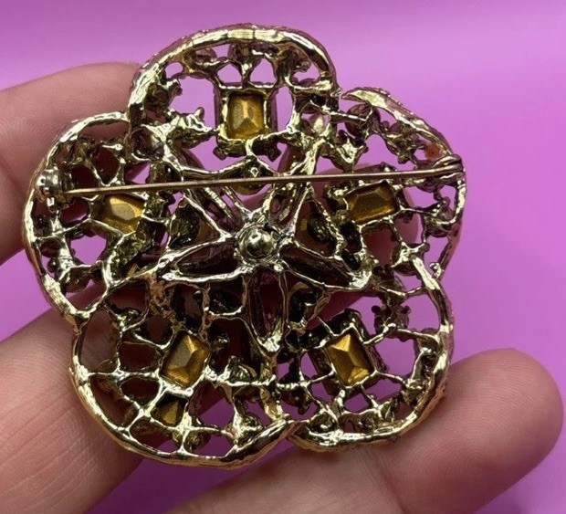 Gorgeous GREEN ORANGE & FAWN Rhinestone Vintage Brooch – PIN Autumn Fall Colors