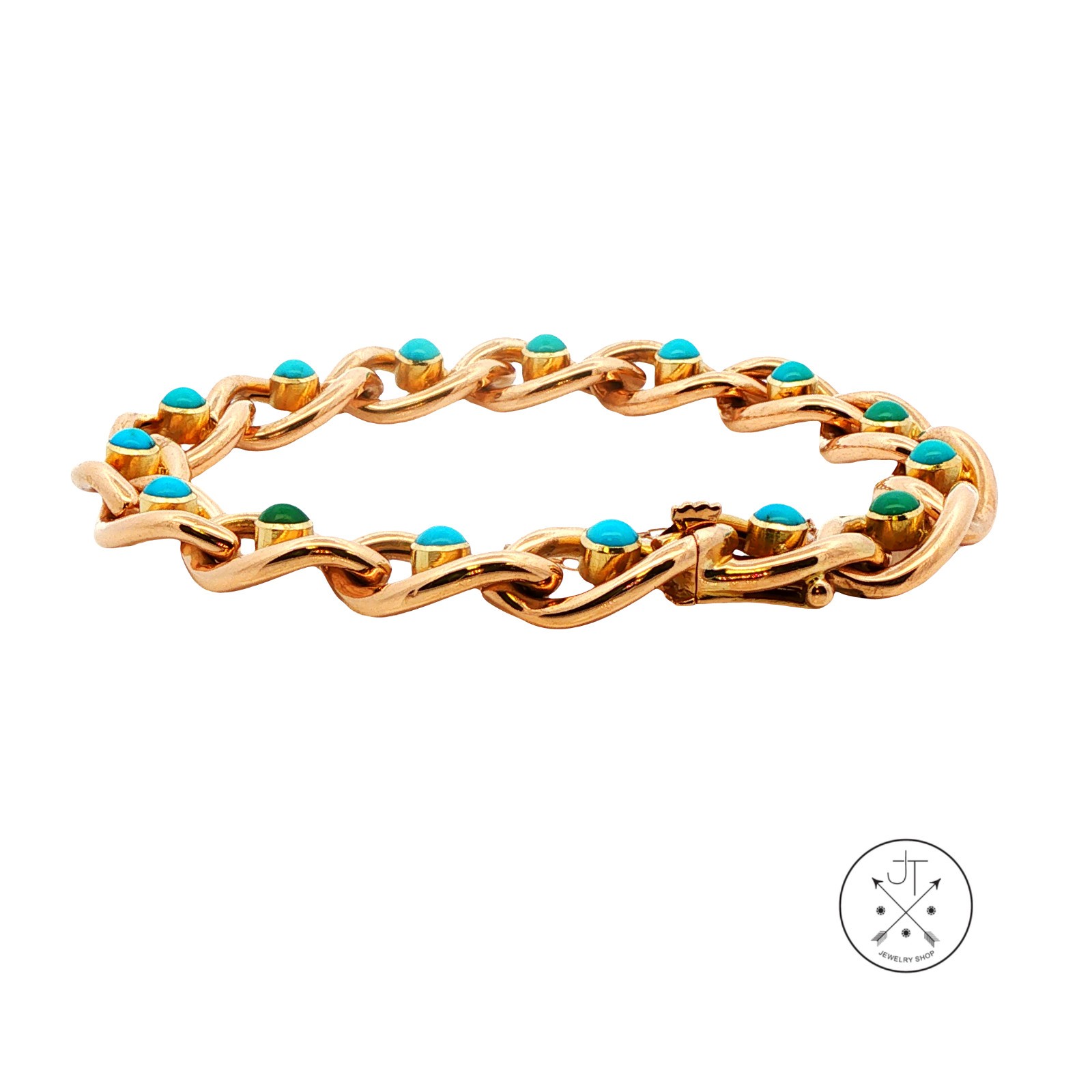 Antique 15k 15ct Yellow Gold Victorian Curb Link Bracelet with Turquoise 7.25 in